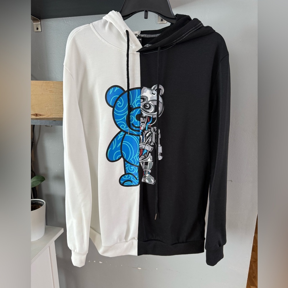 SHEIN Black and White Split Hoodie with Blue Bear Graphic